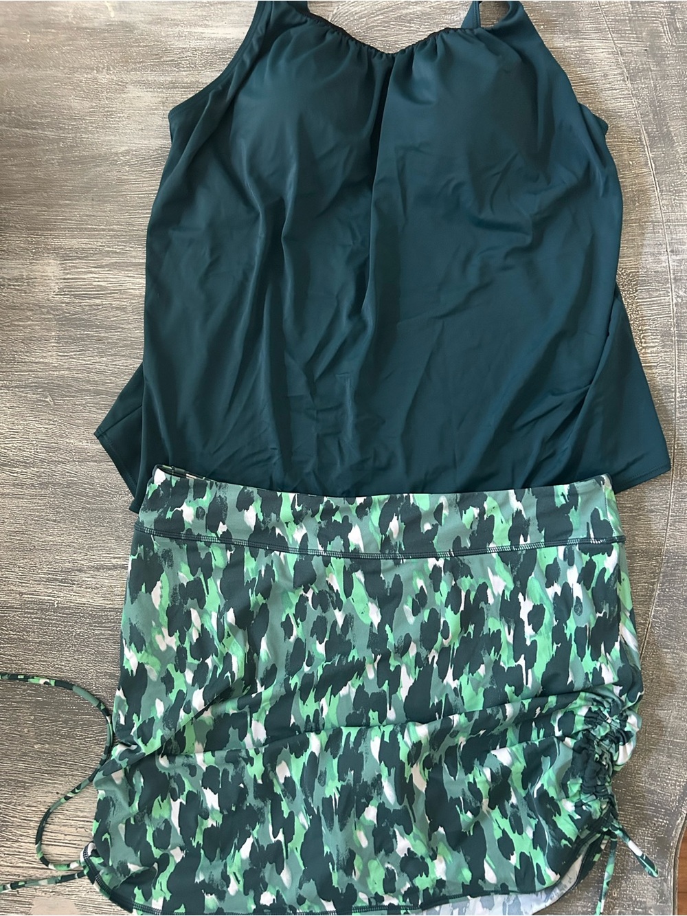 Two Piece Modest Swimsuit Teal and Camo Print Ruched Skirt